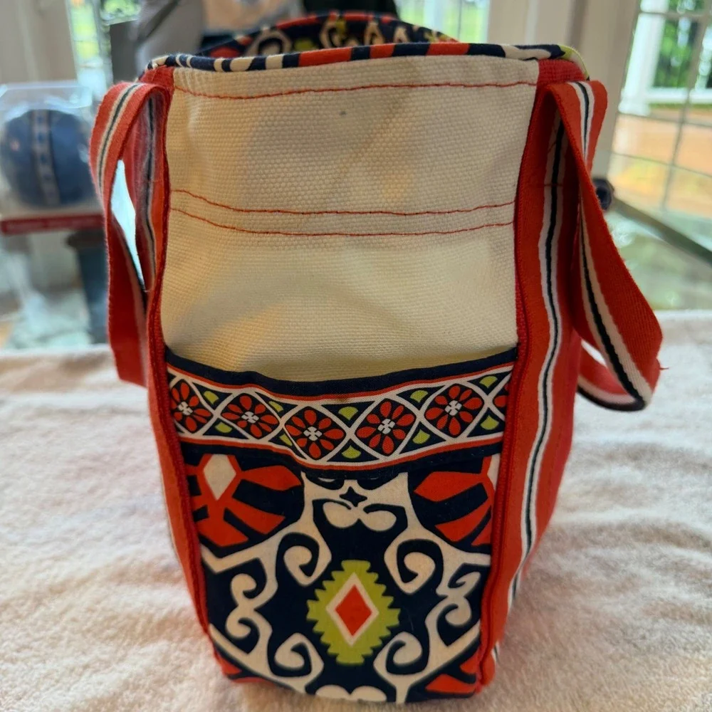 Vera Bradley Tote Bag Womens Medium Red Canvas Geometric Floral Striped Straps